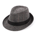 Grey herringbone plaid fedora hat with orange grid patterns and black ribbon band - 56-58cm / Line Plaid Grey