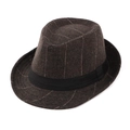 Classic dark brown checkered wool fedora hat with a decorative black ribbon band - 56-58cm / Line Plaid Coffee