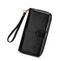 Cartera larga de mujer en cuero encerado negro con cremallera y correa de mano extraíble - Negro