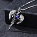Retro silver sword pendant with wings and blue zircon on a metal square box chain - Blue Zirconia Angel with Corn Chain