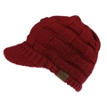 Detail of burgundy knitted ponytail baseball cap showing thick textured weave and leather label - Burgundy