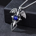 Gothic punk dragon wing cross necklace with a deep blue gemstone in vintage silver - Blue Zirconia Bat with Corn Chain