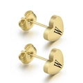Detailed view of 8mm gold heart stud earrings featuring laser-engraved letter W - Gold W