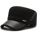 Men's winter cadet cap in black wool and leather with warm ear protection and sport logo - Adjustable / Black
