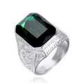 Silver stainless steel ring featuring a large emerald cut green gemstone and vintage texture - US 7 / Silver With Green Zircon