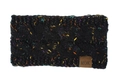 Vue détaillée d'un bandeau en maille torsadée noire avec des taches colorées et patch en cuir MOK. - Noir chiné