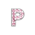Macro detail of silver letter P charm with pave-set pink rhinestones on white base - Pink - Letter P