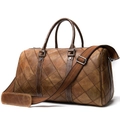 Bolso de viaje vintage de cuero marrón con patrón de cuadros y correa ajustable - 43cm / Café claro