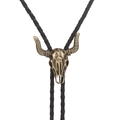 Bolo-Krawatte mit Bronze-Stierschädel-Anhänger und schwarzem Leder-Geflochten-Seil - Gebogener Horn Stierkopf Antikbronze