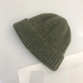 Detail of olive green mohair knit beanie featuring chunky ribbed texture and folded cuff - One Size (Elastic) / Olive Green