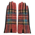 Detail view of Scottish plaid woolen gloves with red, blue, and yellow checkered pattern - One Size / Burgundy