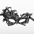 Elegant black lace masquerade mask with floral embroidery and silk ribbons on white backdrop - Phoenix Style (A-13)