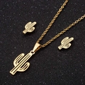 Three-piece gold cactus jewelry set featuring minimalist necklace and stud earrings - Cactus / Gold
