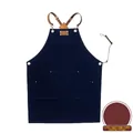 Tablier en denim bleu foncé avec sangles croisées en cuir réglables et poches avant - Taille Unique (80x54cm) / Poche Inclinée Bleu