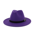 Macro detail of dark purple wool fedora hat with black leather band and metal buckle - Adjustable / Purple