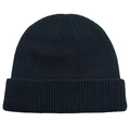 Close-up of a classic navy knit beanie showing fine vertical stitching and folded cuff - Black