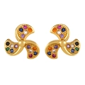 Golden propeller stud earrings with colorful cubic zirconia stones on white background - err19 Windmill