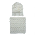 Vertical flat lay of off-white cable knit hat and matching thick winter neck warmer set - White