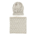 Detailed knit texture of beige cable-knit winter beanie and matching neck gaiter set - Beige