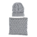 Detail view of light grey winter knitted hat and neck gaiter with thick cable knit texture - Light Gray