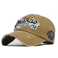 Detail of vintage washed khaki baseball cap with Orlando towel embroidery and distressed fabric - Adjustable / Washed Khaki