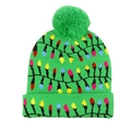 Close-up of green knit Christmas hat with colorful light bulb patterns and a top pom-pom - 56-60cm / Green Lights(ZZM61)