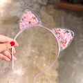 Detalle de diadema de orejas de gato rosa con lentejuelas fluidas y corona de purpurina - 2# Rosa Corazón Concha Arena Movediza
