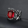 Anillo gótico punk para hombre con gema roja cuadrada y textura de cadena de plata - US 7 / Piedra Roja