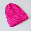 Bright pink ribbed knit beanie for children with fold-over cuff for winter warmth - Fluorescent Rose Red