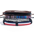 Ethnic handmade multilayer bracelet set with leather weaving and wooden beads in studio - Vintage Ethnic Collection (N017) / 4 Pieces / N017