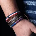Multilayer men's bracelet set with leather, wooden beads, and woven ropes worn on wrist - Vintage Ethnic Collection (N016) / 5 Pieces Pack / N016