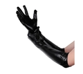 Primer plano de guantes largos de cuero charol negro brillante para cosplay y baile - Dedo Completo / Negro