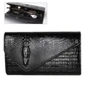 Fashionable glossy black crocodile pattern clutch bag with multi-functional interior pockets - 3D Crocodile Head Decor / 8001 Black