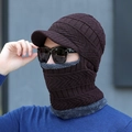 Herren Wintermütze mit Ohrenklappen und Schal aus dunkelbraunem Fleece-Strickgewebe - Wellenmuster mit Krempe / Kaffeebraun