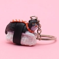 Cute sushi cat keychain with black and white cat on salmon sushi and silver metal ring - Style 4 (Salmon Black/White Cat)