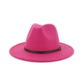 Classic rose red felt fedora jazz hat with a brown leather buckle strap detail - Rose Red