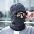 Dunkelgraue Strick-Kapuzenschal-Kombination mit dickem Kunstfellfutter für den Winter - Wellenmuster ohne Krempe / Grau