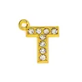 Detail of gold letter T pendant with sparkling crystals and a fixed top ring - 15mm Gold Rhinestone Letter T Pendant
