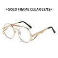 Steampunk round metal sunglasses with gold frame and clear lenses featuring spring temples - Gold Frame Clear Lens