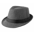 Detailed view of gray herringbone textured fedora hat with a black decorative ribbon - 56-58cm / Herringbone Black Grey