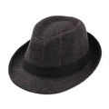Classic dark gray plaid fedora hat with black ribbon band and wool felt texture - 56-58cm / Line Plaid Black