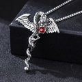 Retro silver dragon pendant necklace with dragon wings and central red gemstone - Dragon Head with Corn Chain