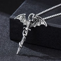 Gothic silver dragon wrapped around a sword cross pendant necklace in vintage finish - Pterodactyl Sword with Corn Chain