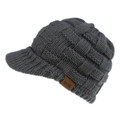 Detailed texture of thick knit grey beanie with brim and brown leather MOK brand tag - Dark Gray
