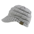 Detailed view of grey chunky knit beanie with visor showing basket weave texture and MOK label - Light Gray