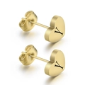 Detail view of gold heart stud earring with engraved letter Y and butterfly backing - Gold Y