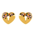Detail of gold heart earrings with colorful pavé zircons and a keyhole center cutout - err21 Heart