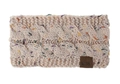 Détail d'un bandeau en maille torsadée beige avec des taches colorées et une étiquette logo - Rose Confetti