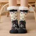 Cozy winter fleece socks with reindeer snowflake patterns and white plush trim cuffs - Navy Reindeer