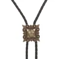 Vintage Bolo Tie mit quadratischer Bronzeprägung und schwarzer geflochtener Lederkordel - Quadratisches Laubmuster Bronze